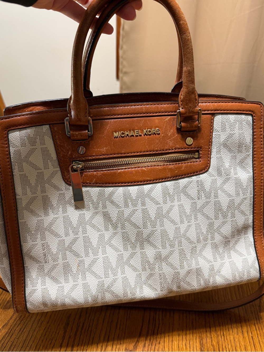 Michael Kors White and Tan Logo Satchel